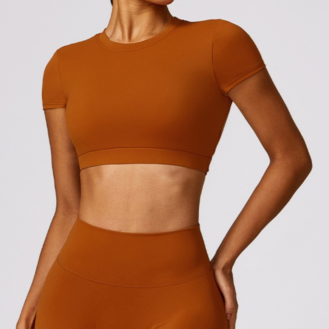 Stylish Backless Design Short Sleeve Crop Top - Red Clay