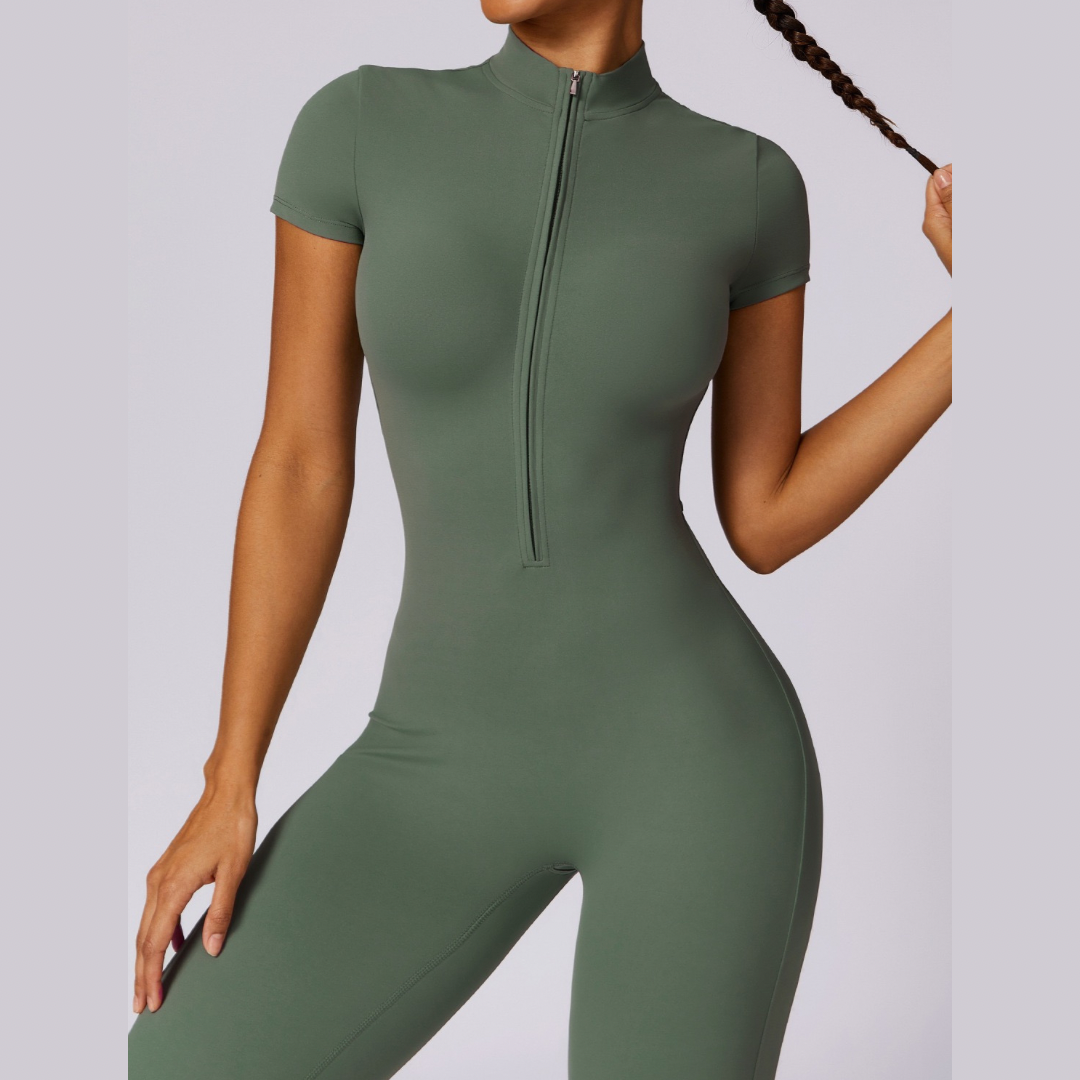 Classic Short-Sleeve Zipped Jumpsuit - Dark Green