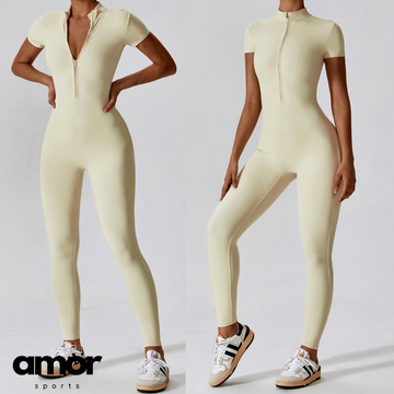 Classic Short-Sleeve Zipped Jumpsuit - Cream White