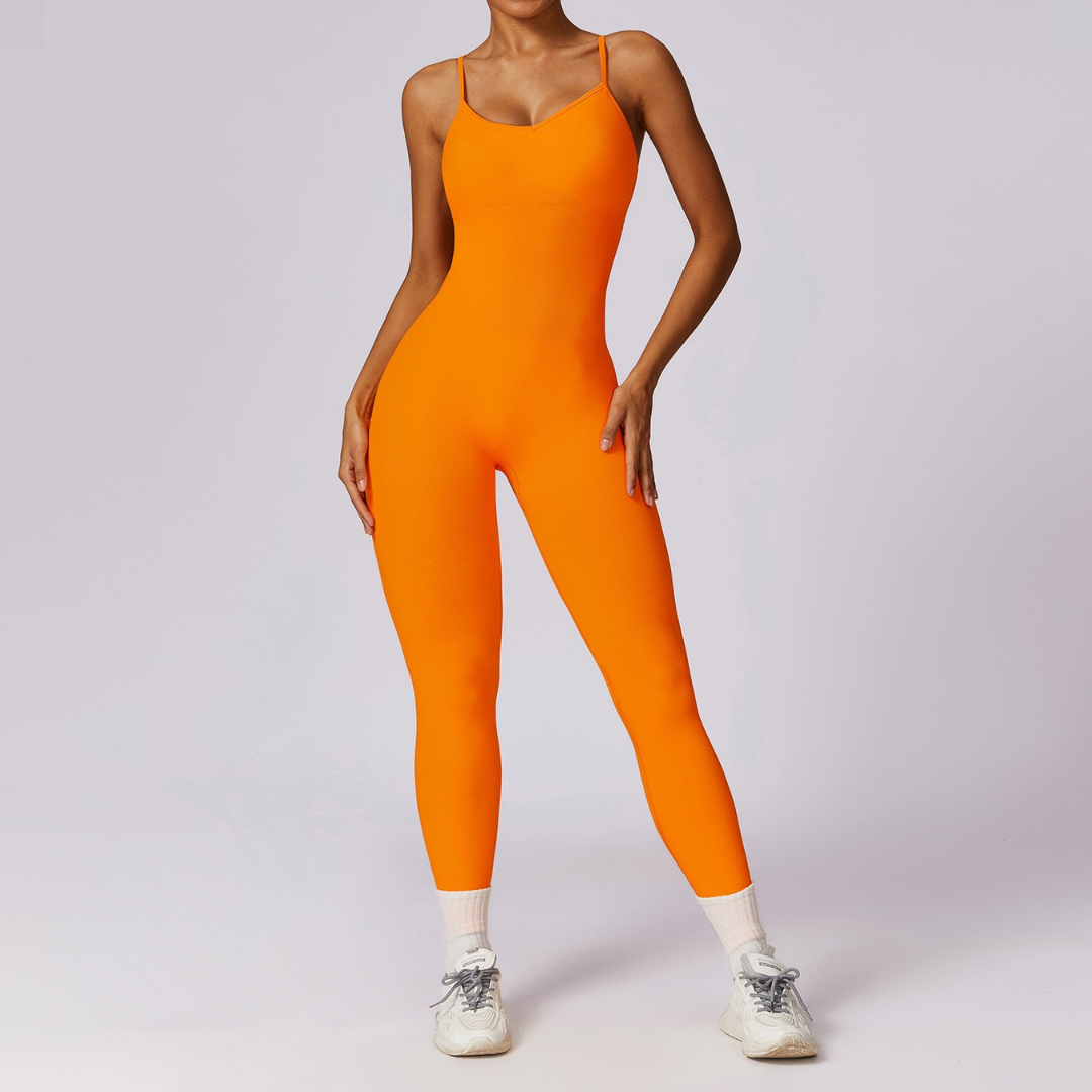 Slim Waist Backless Seamless Jumpsuit - Orange