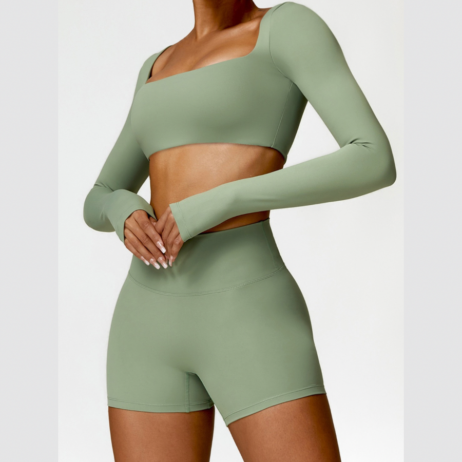 Stylish Long-Sleeve Top Scrunched Short Set - Green