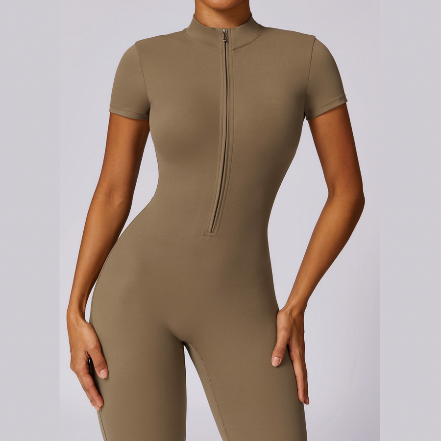 Classic Short-Sleeve Zipped Jumpsuit - Khaki