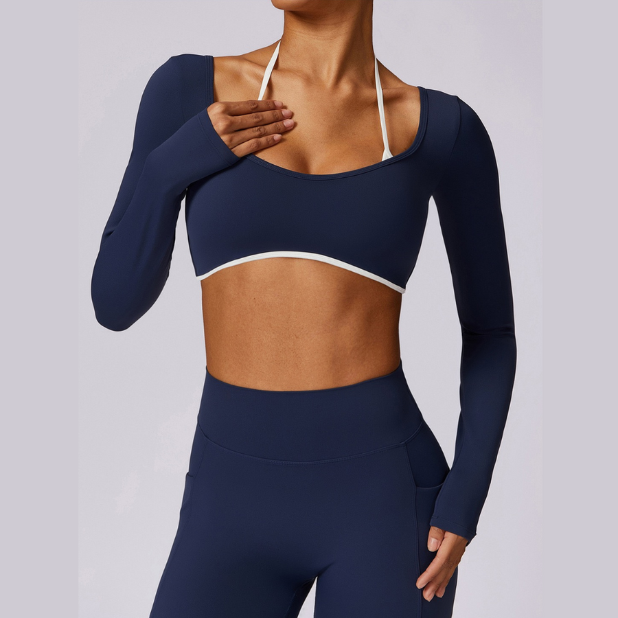 Long Sleeve Backless Fabulous Crop Top - Navy