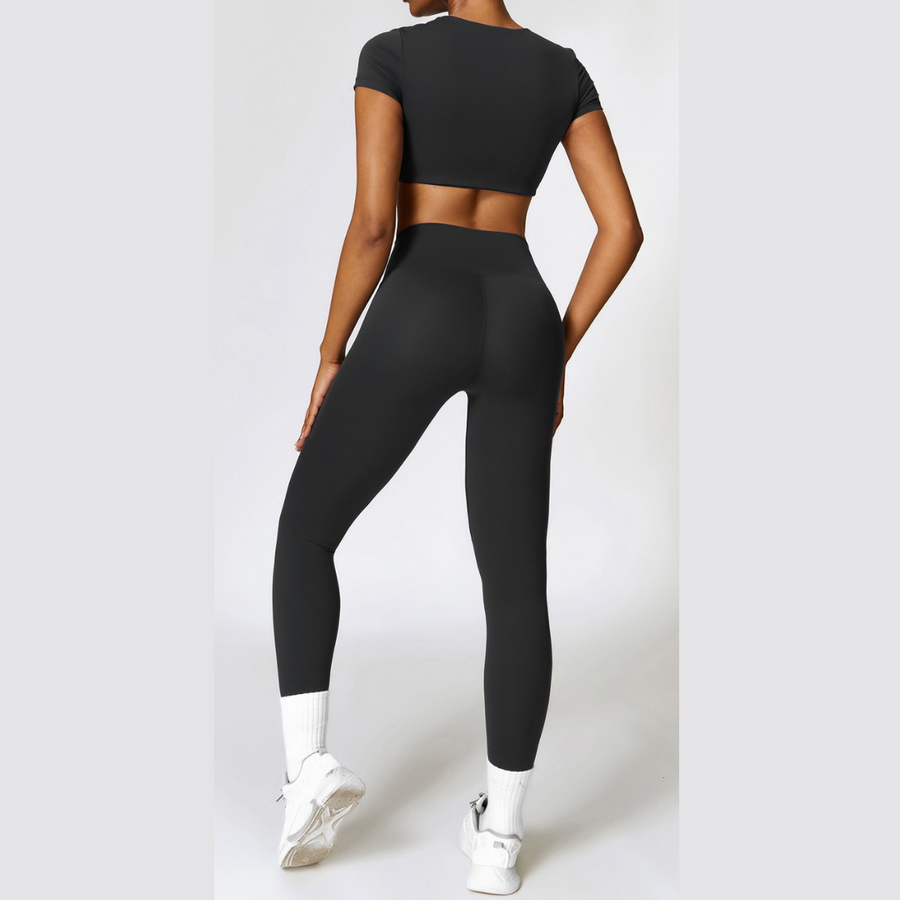 Comfy Short Sleeve Crop Top Legging Set - Black