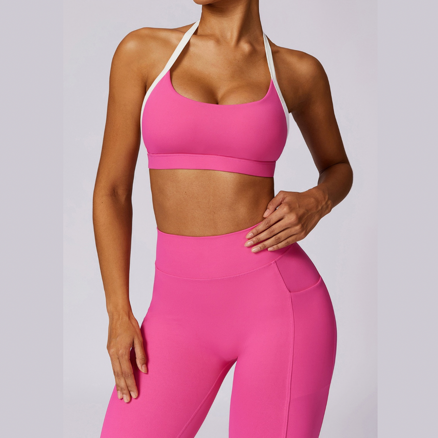 White Strap Backless V-Shape Legging Set - Pink