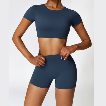 CHRISTIA Comfy Short Sleeve Crop Short Set - Navy