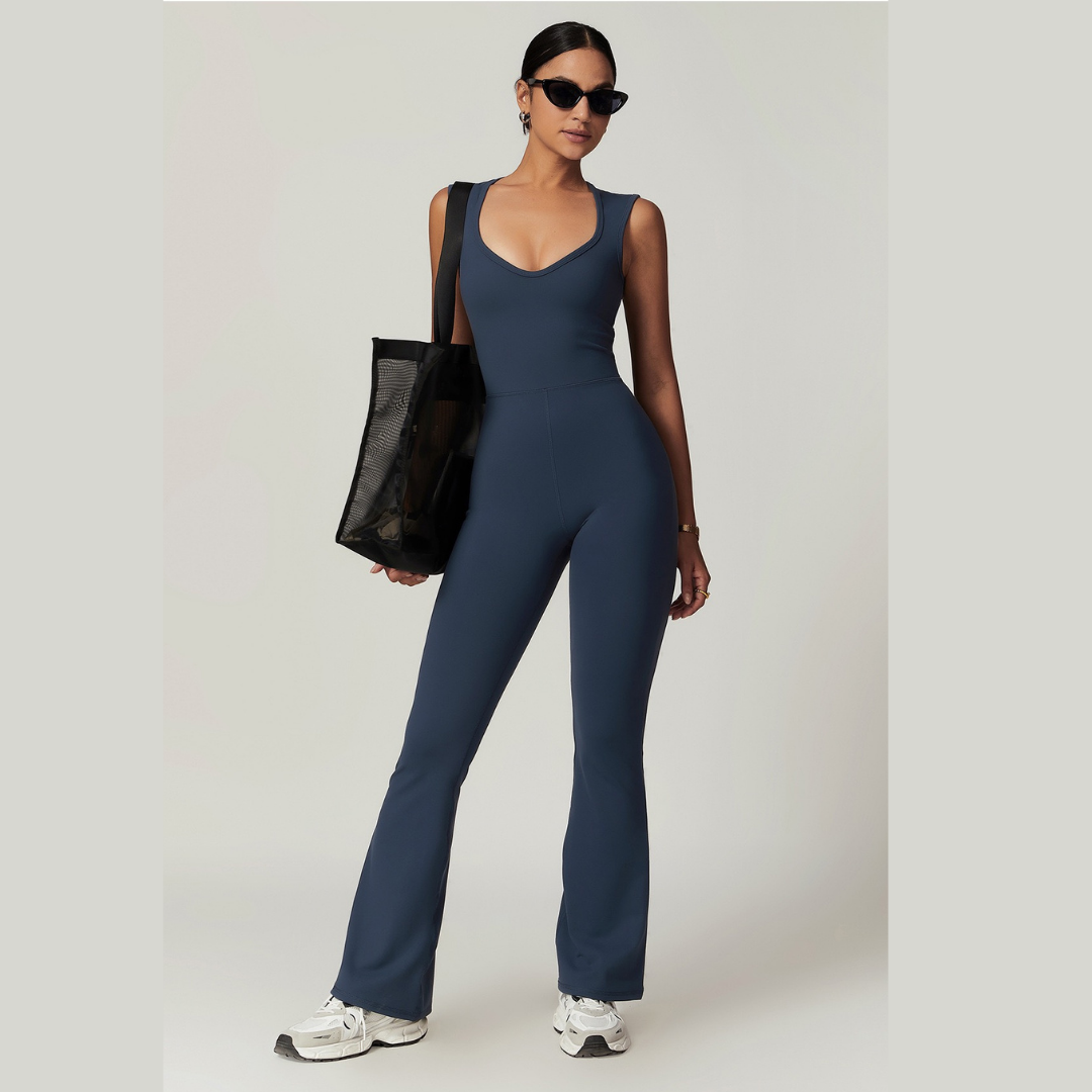 CATHY V-Shape Top Flared Bottom Jumpsuit - Navy