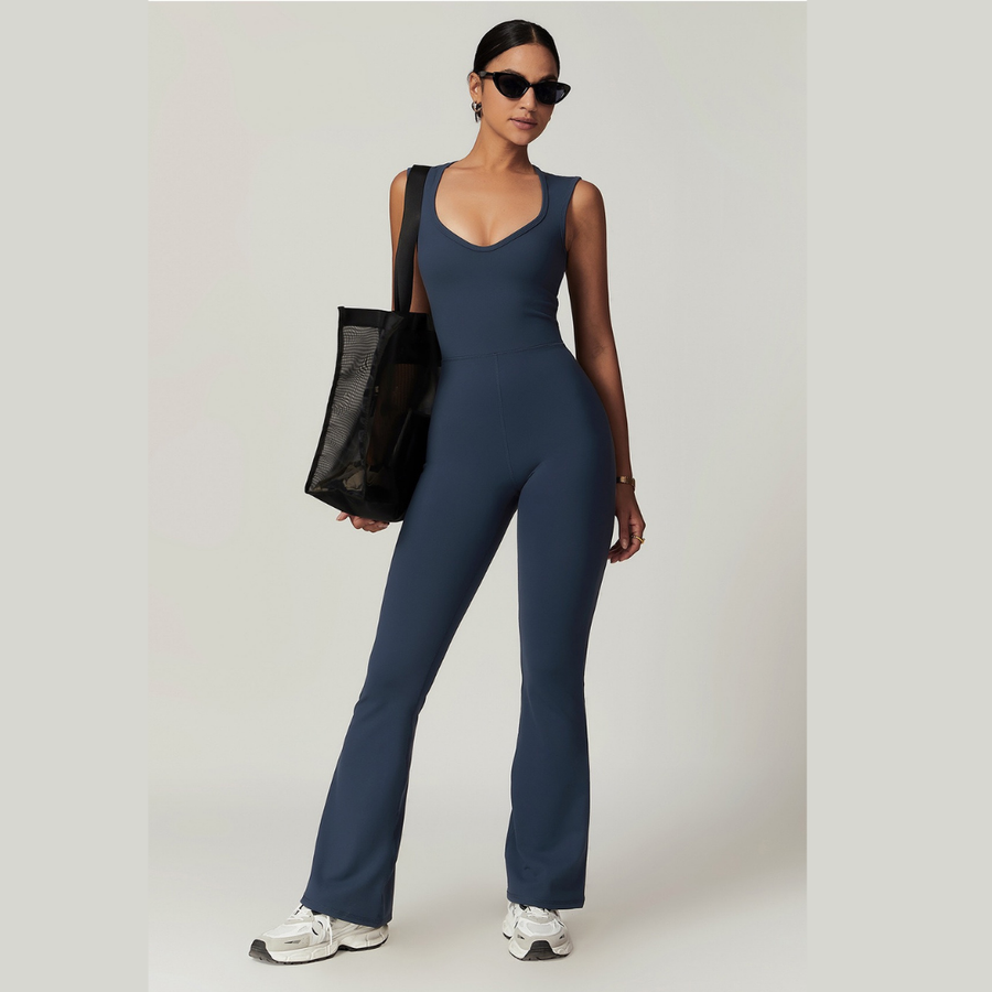 CATHY V-Shape Top Flared Bottom Jumpsuit - Navy