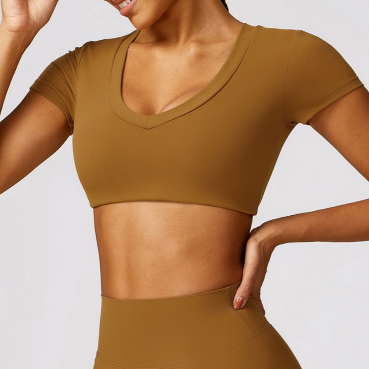 Premium κοντομάνικο Crop Top - Caramel 