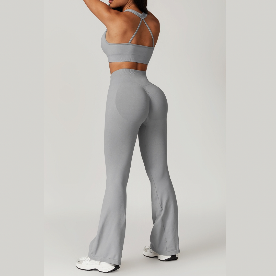 V-Neck Stylish Scrunched Flared Legging Set - Grey