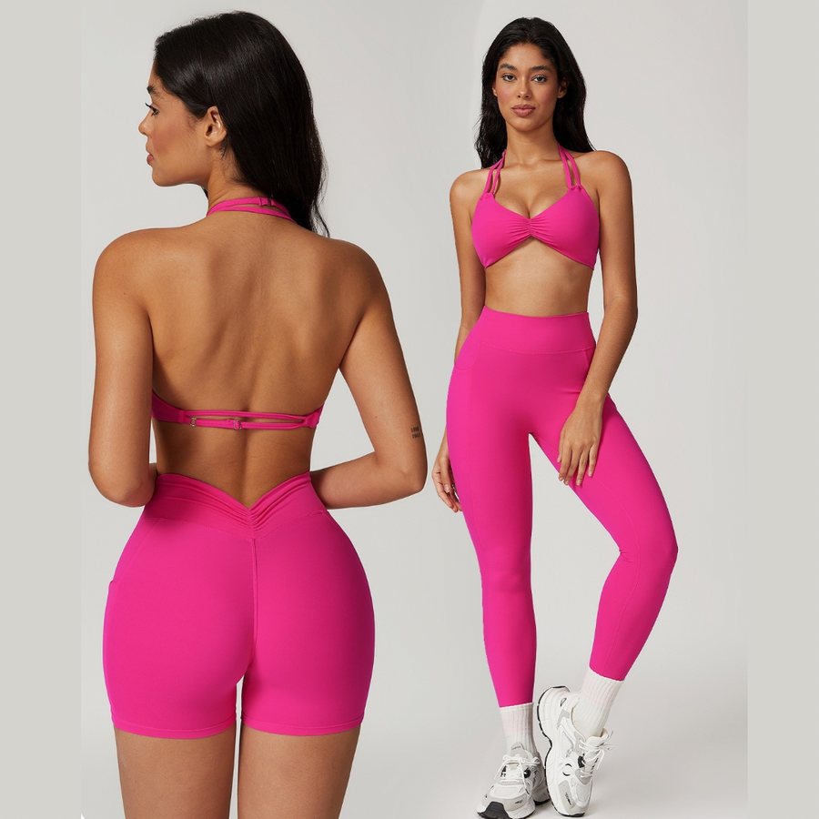 LUNA Chic Backless Top V-Shaped Legging Set- Magenta