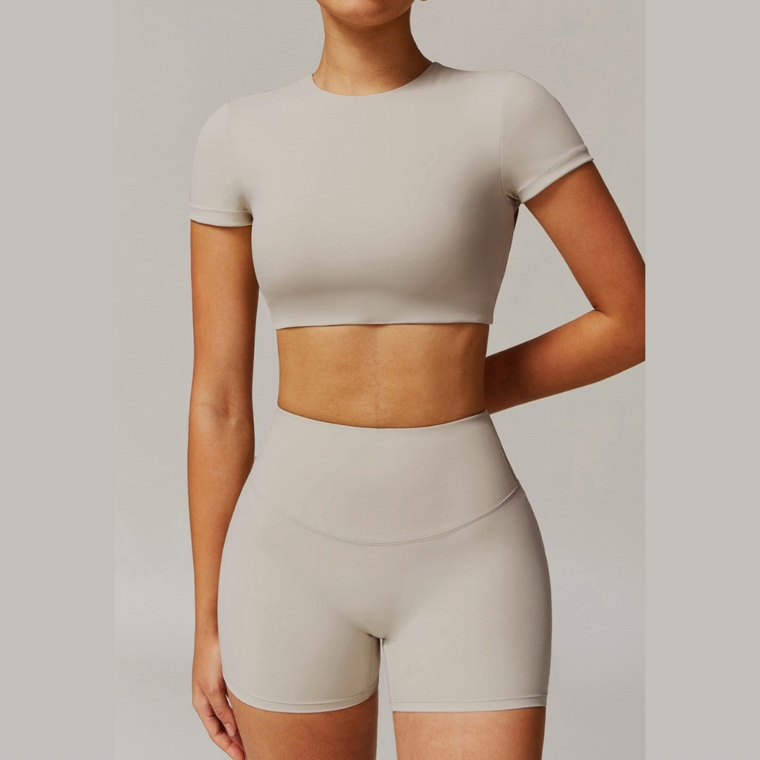 EVA Premium Short Sleeve Top Short Set - Beige