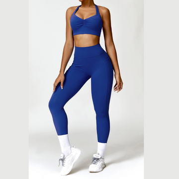 Backless Stylish Top V-Shape Legging Set - Klein Blue