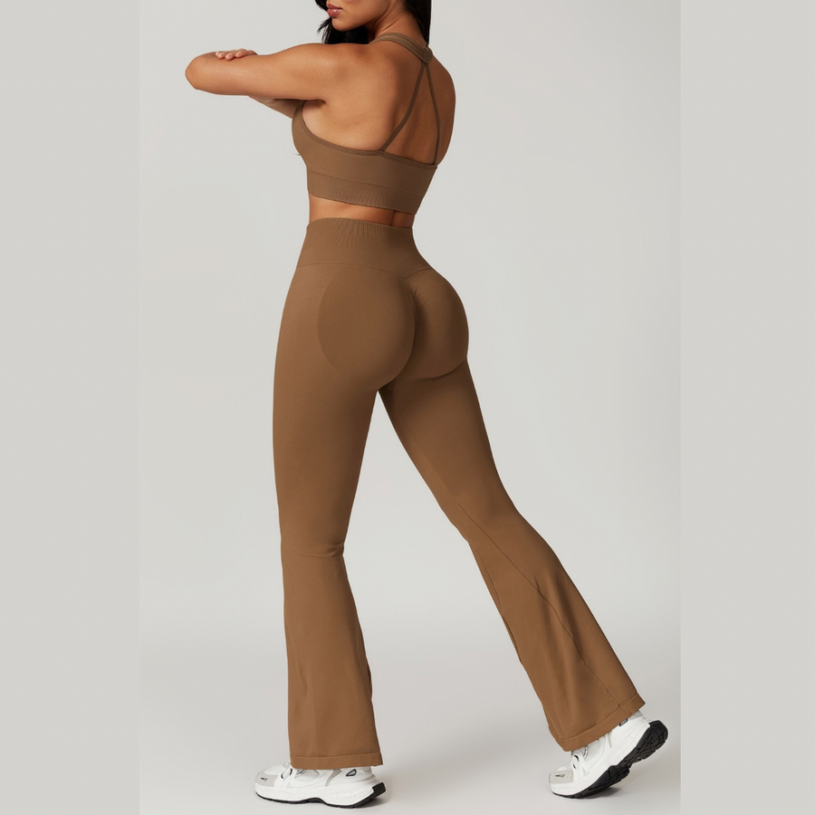 V-Neck Stylish Scrunched Flared Legging Set - Brown