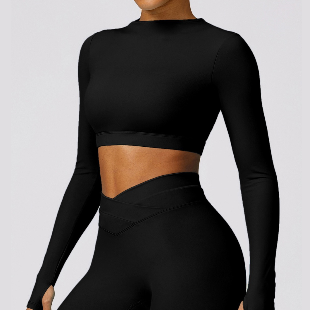 Elegant Long Sleeve Premium Crop Top - Black