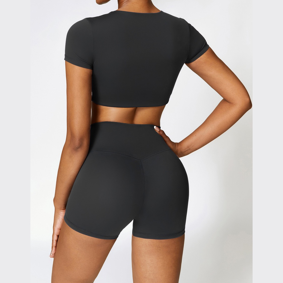 CHRISTIA Comfy Short Sleeve Crop Short Set - Black