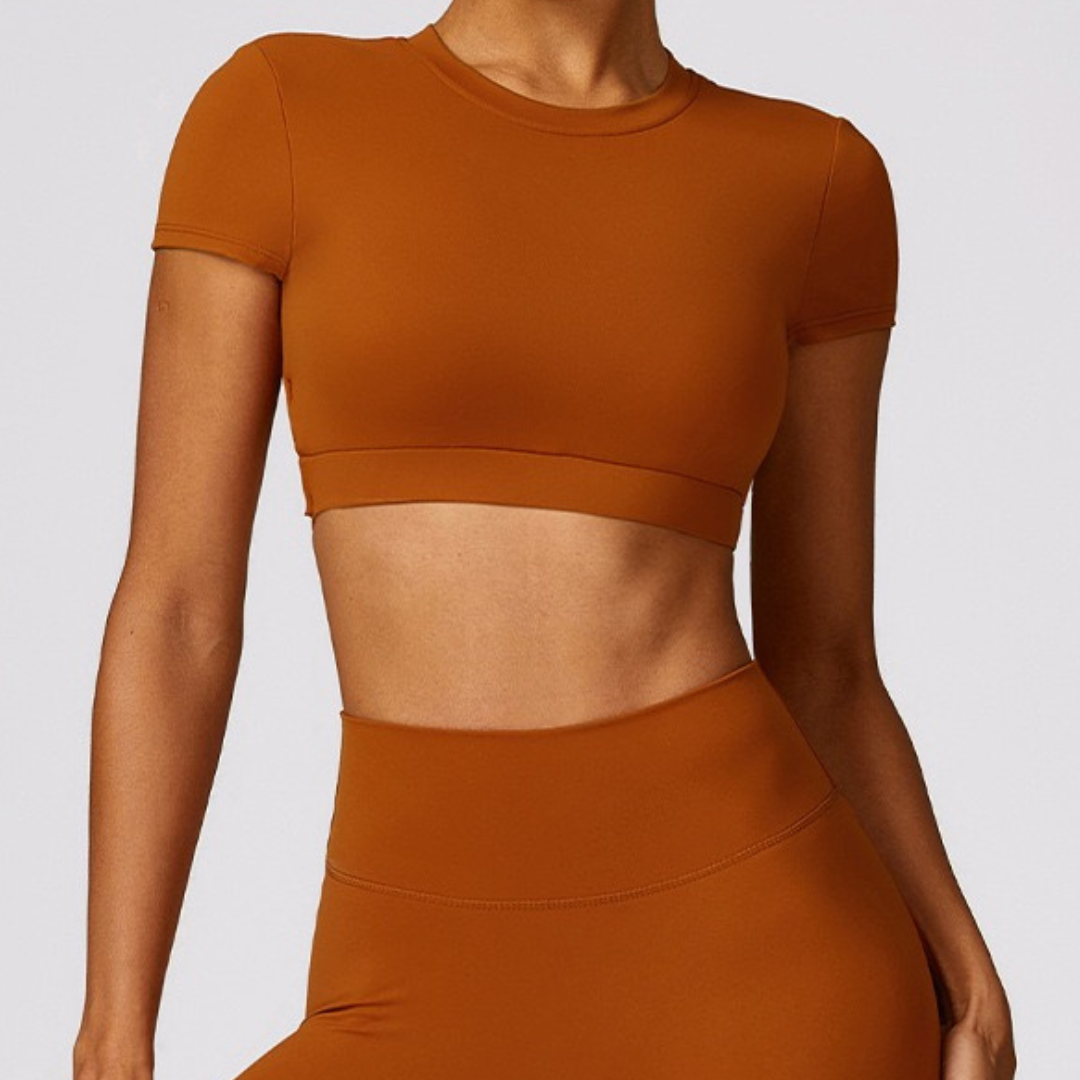 Stylish Backless Design Short Sleeve Crop Top - Red Clay