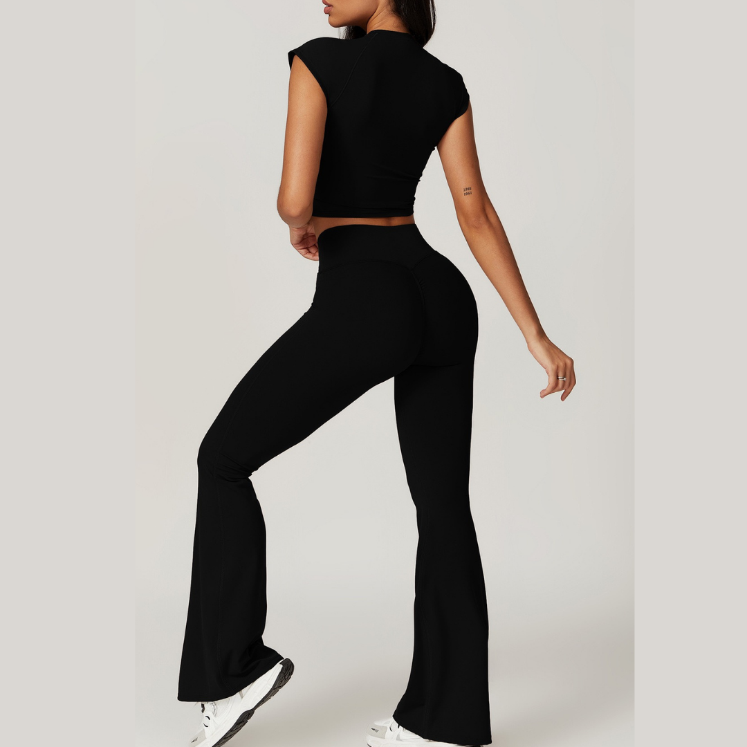 Sustainable Short Sleeve Flared Legging Set - Black