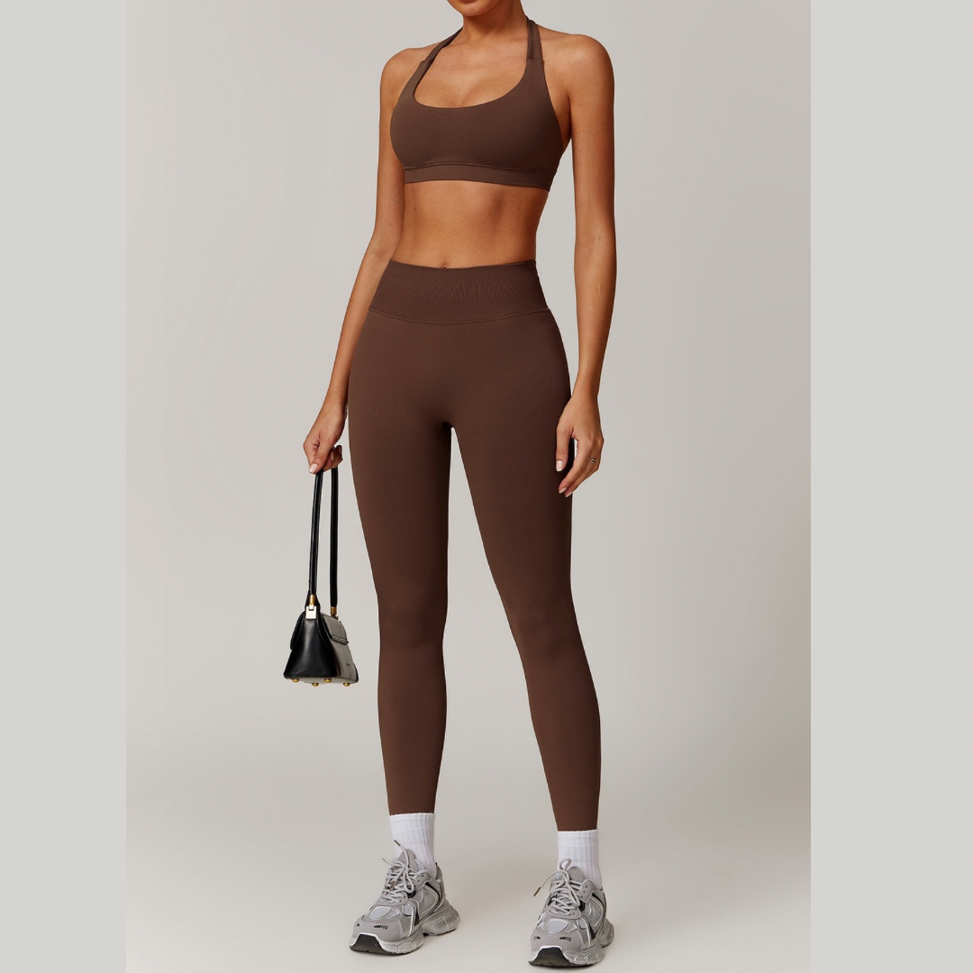 SANDY Seamless Backless Top Legging Set - Coffee