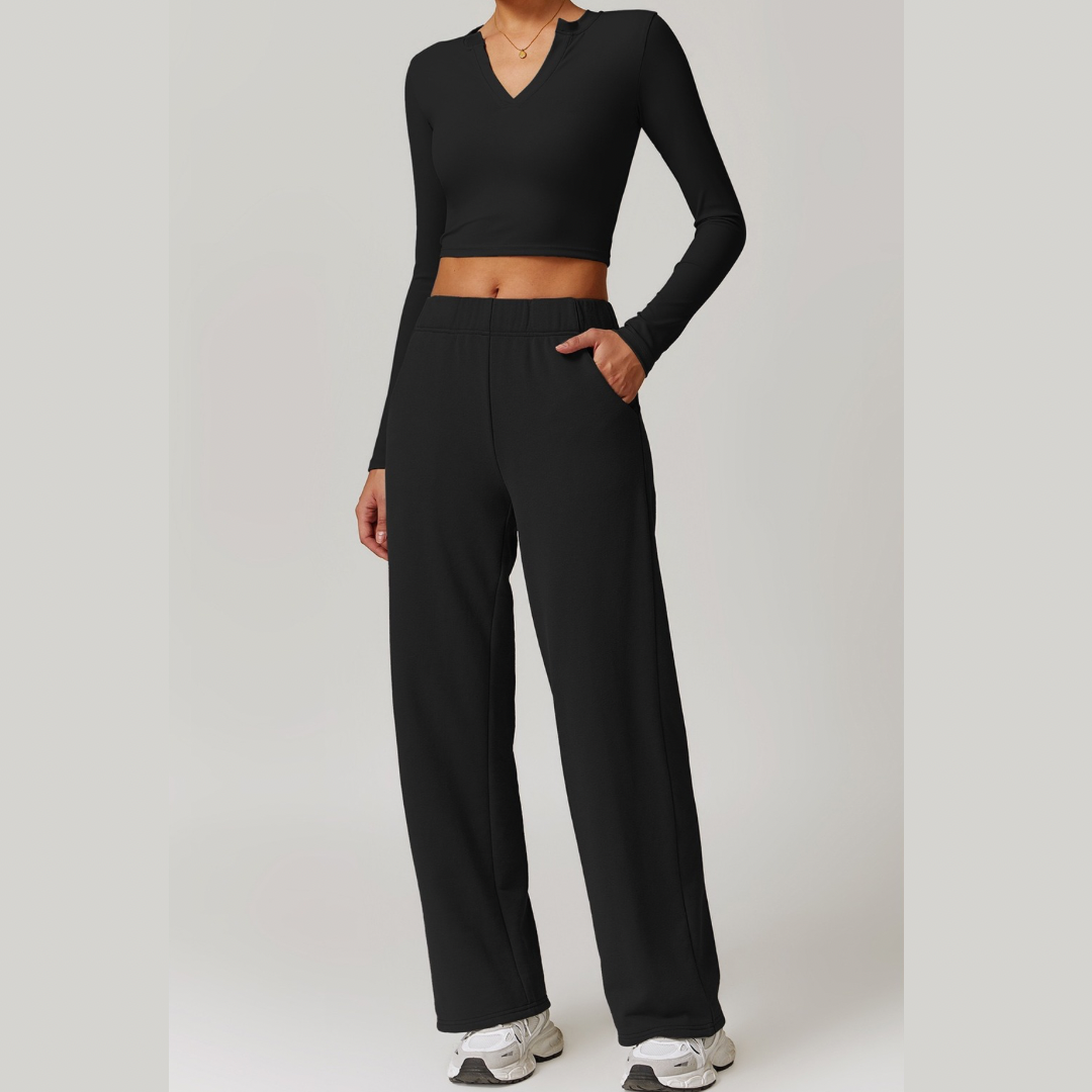 VERA Long Sleeve Top with Pants Set - Black