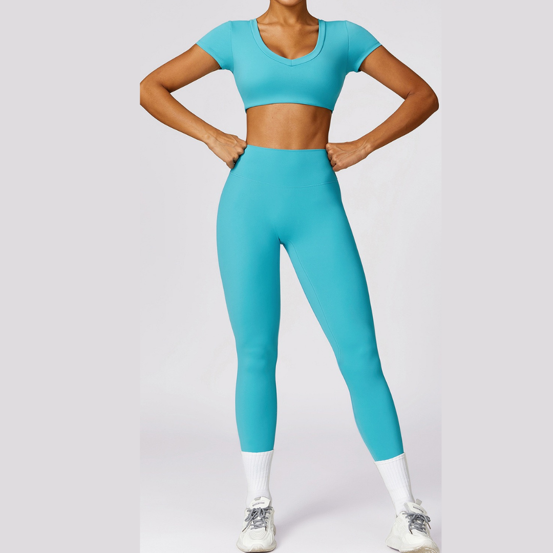 Short Sleeve Premium Scrunched Legging Set - Aqua Lake