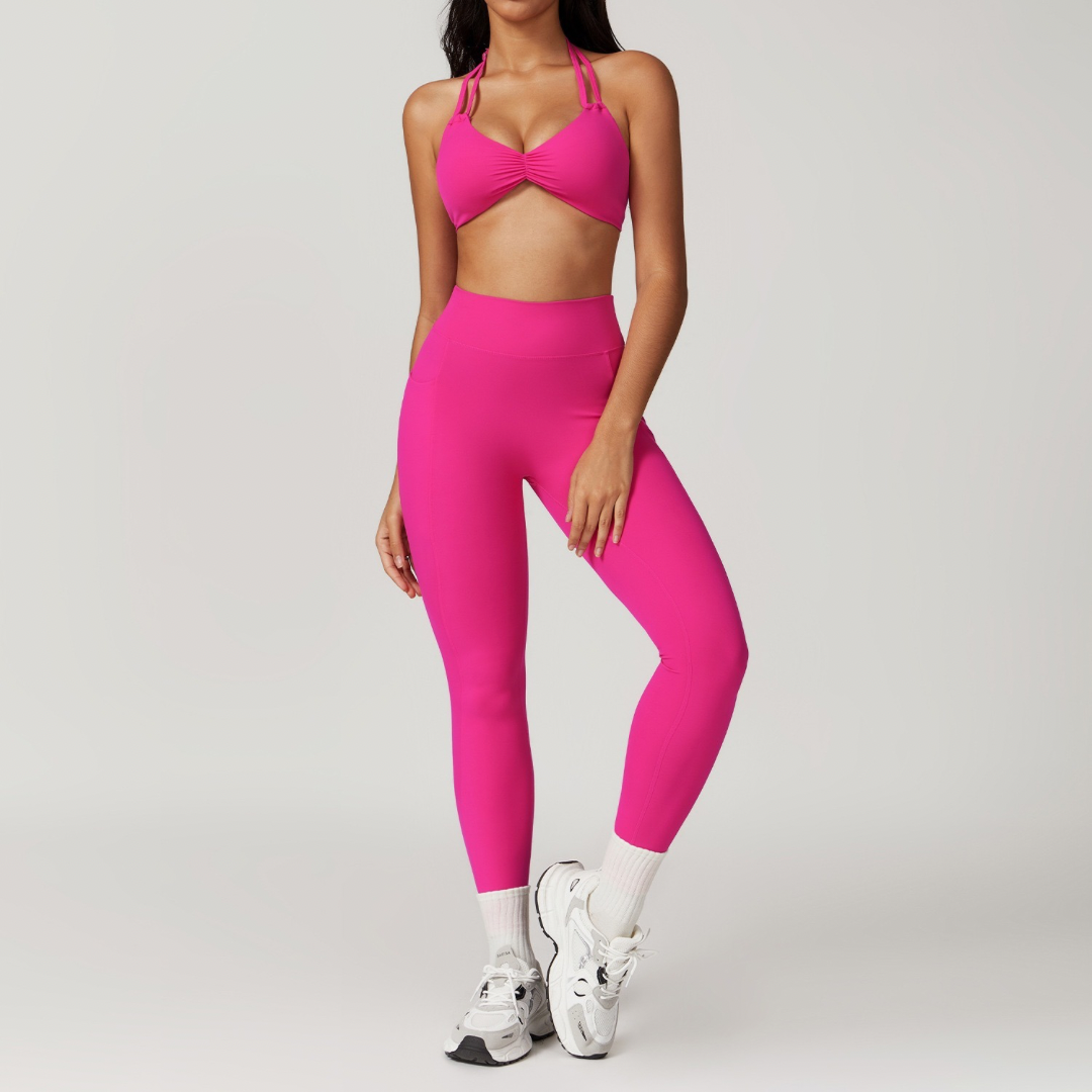 LUNA Chic Backless Top V-Shaped Legging Set- Magenta