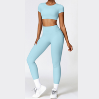 Comfy Short Sleeve Crop Top Legging Set - Sky Blue