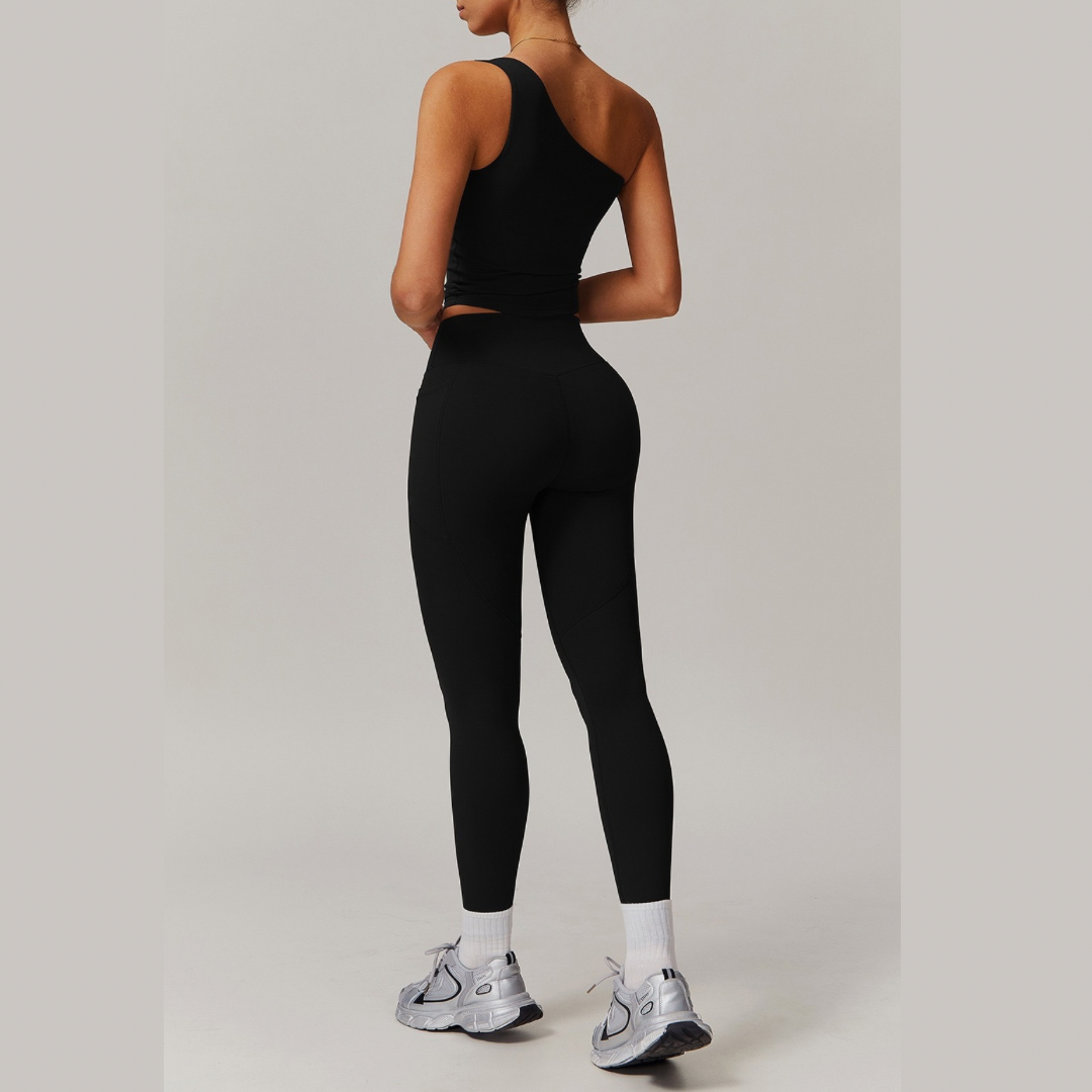 NANA Single Shoulder Top Legging Set - Black