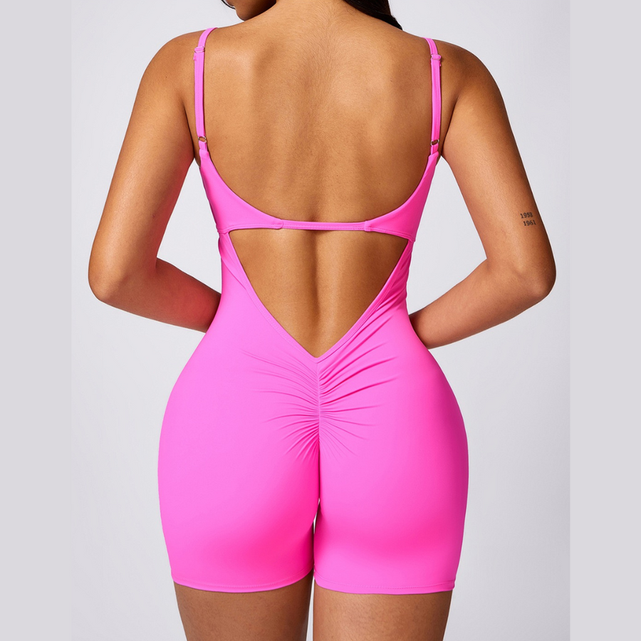 Deep V Scrunched Romper - Pink