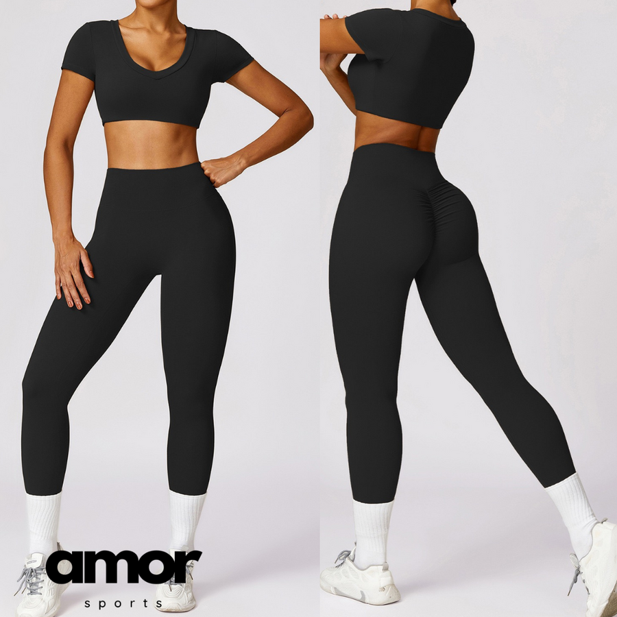 Short Sleeve Premium Scrunched Legging Set - Black