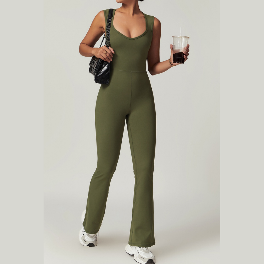 CATHY V-Shape Top Flared Bottom Jumpsuit - Olive