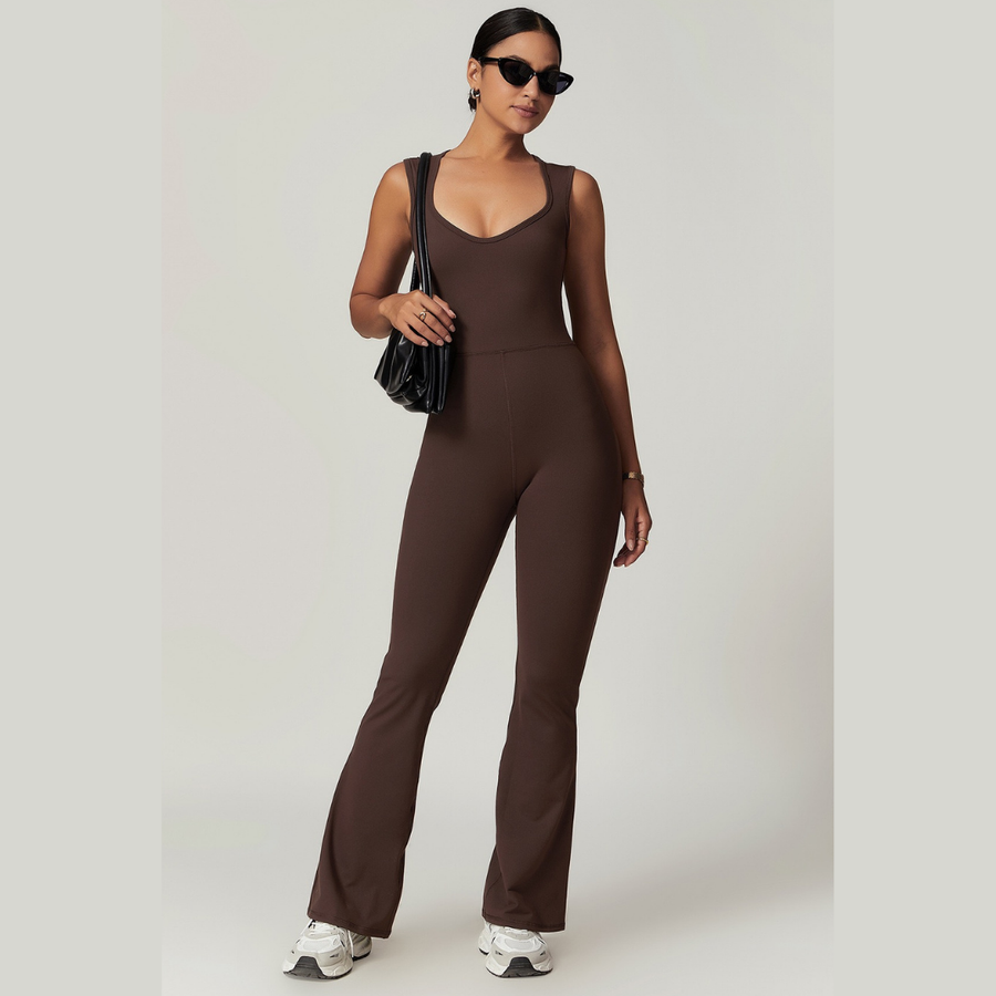 CATHY V-Shape Top Flared Bottom Jumpsuit - Coffee