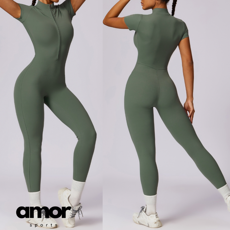 Classic Short-Sleeve Zipped Jumpsuit - Dark Green