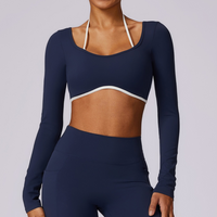 Long Sleeve Backless Fabulous Crop Top - Navy