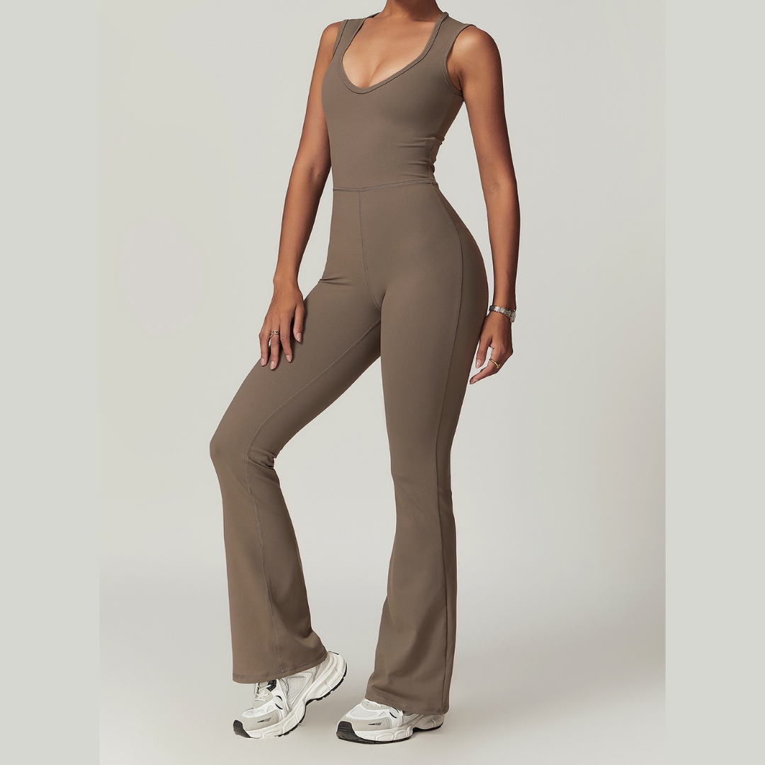 CATHY V-Shape Top Flared Bottom Jumpsuit - Brown