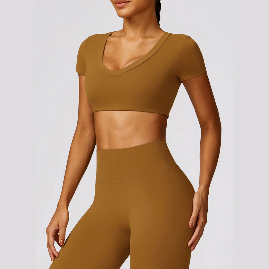 Short Sleeve Premium Scrunched Legging Set - Caramel