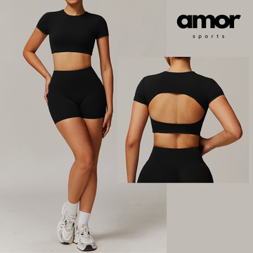 EVA Premium Short Sleeve Top Short Set - Black