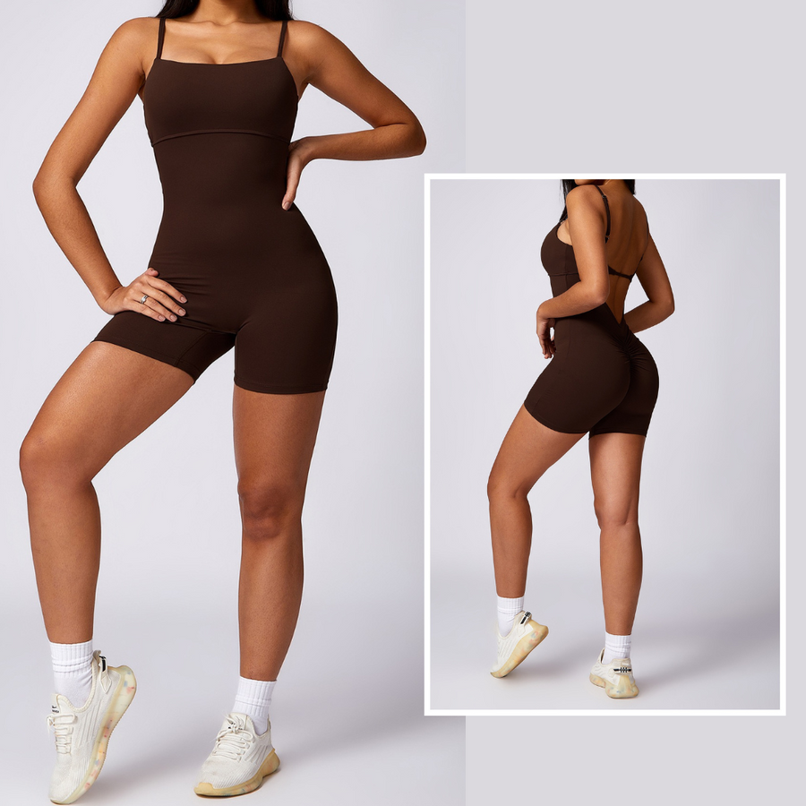 Deep V Scrunched Romper - Coffee