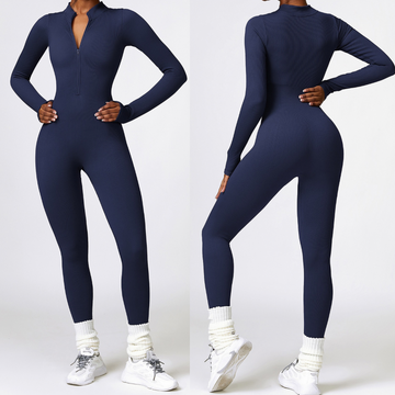 Zipped Long-sleeve Knit Jumpsuit - Navy Blue