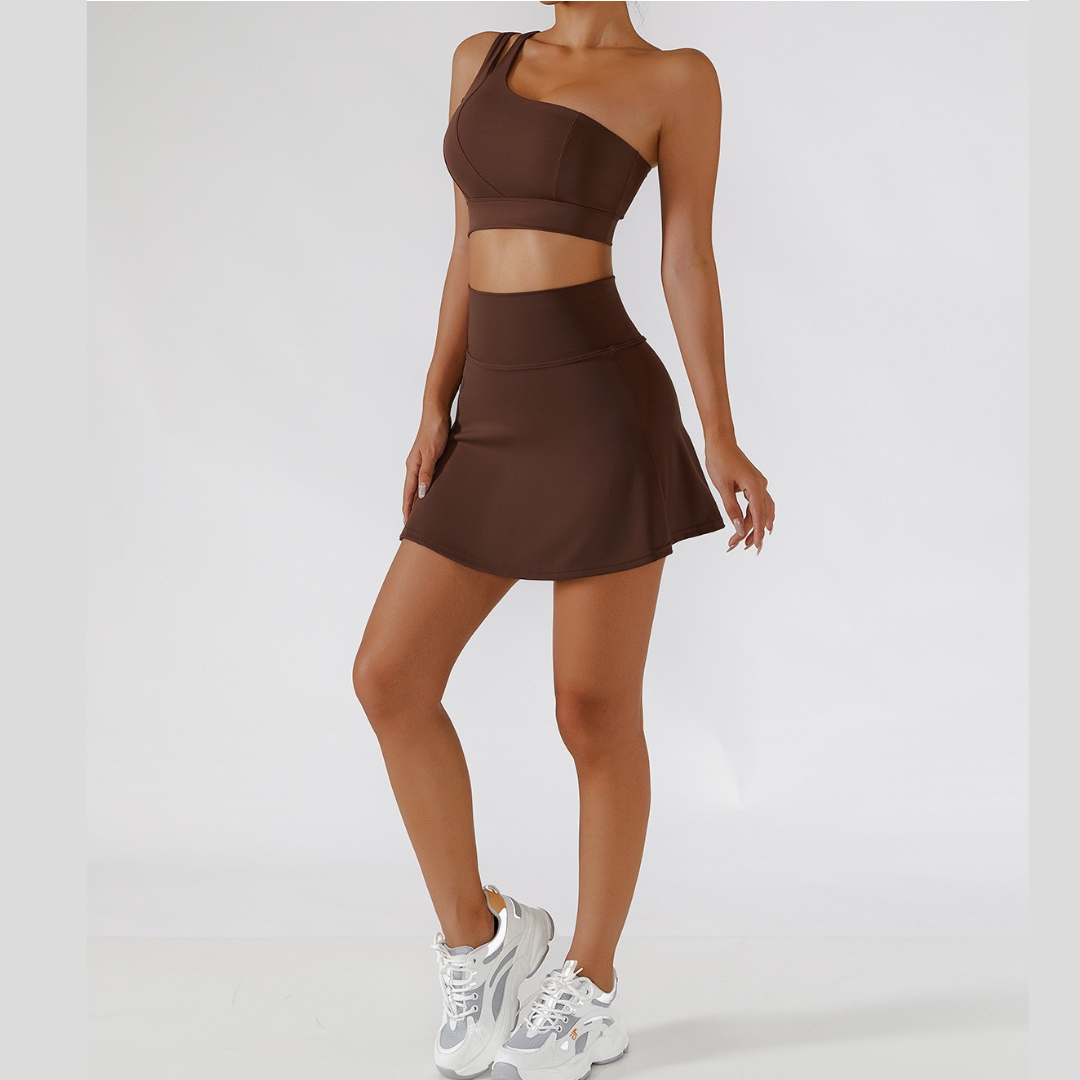 DONA Chic Single Shoulder Tennis Short Set - Dark Coffee