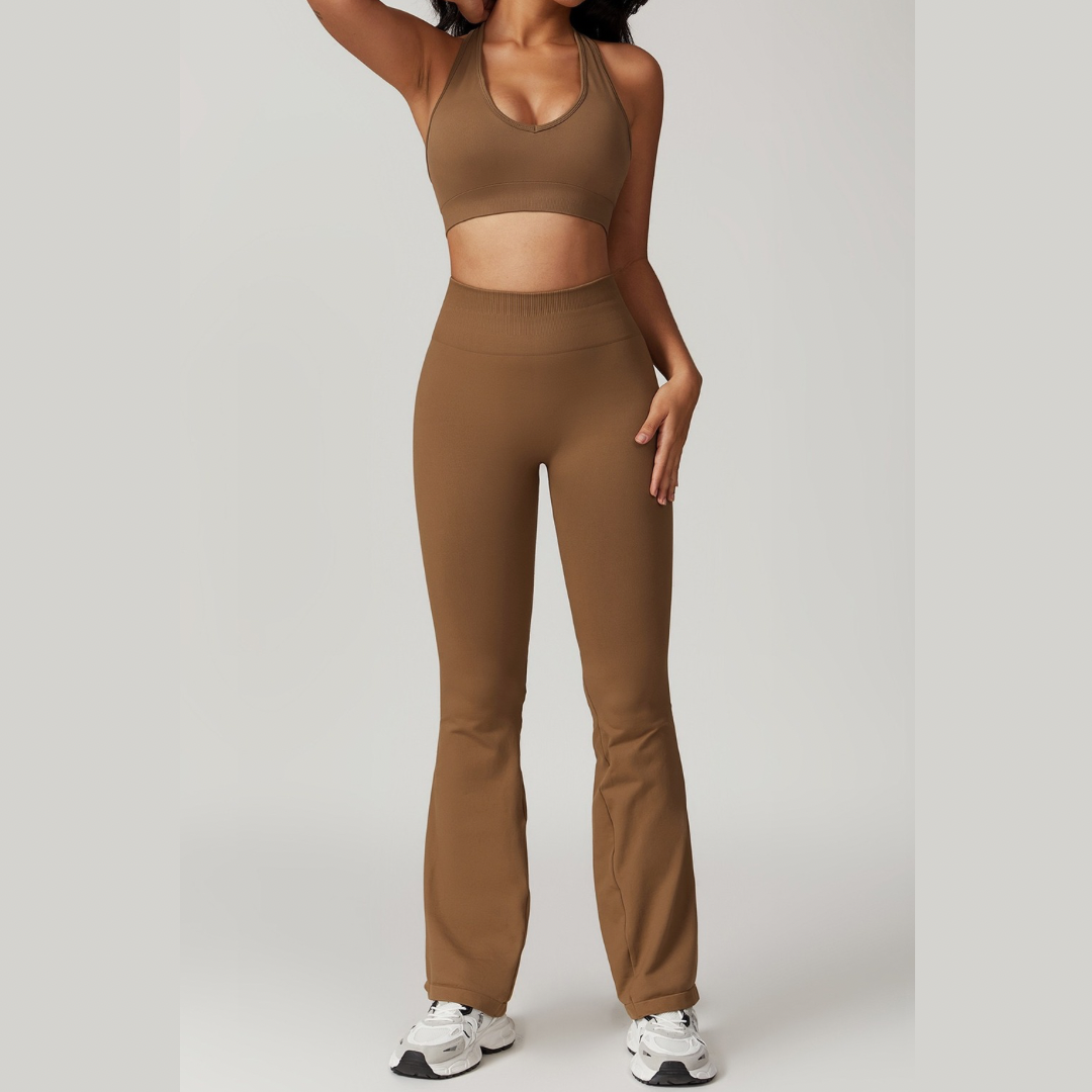 V-Neck Stylish Scrunched Flared Legging Set - Brown