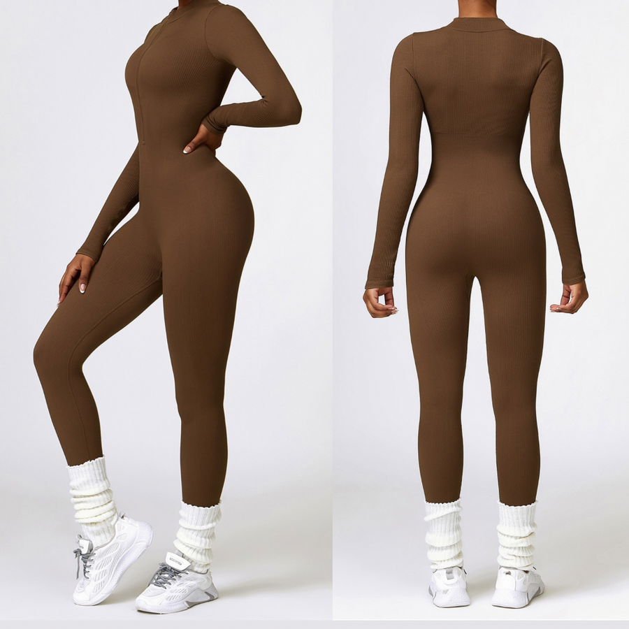 Zipped Long-sleeve Knit Jumpsuit - Coffee Brown