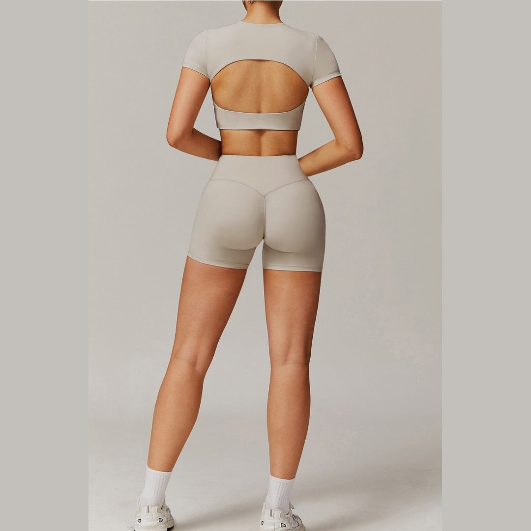 EVA Premium Short Sleeve Top Short Set - Beige