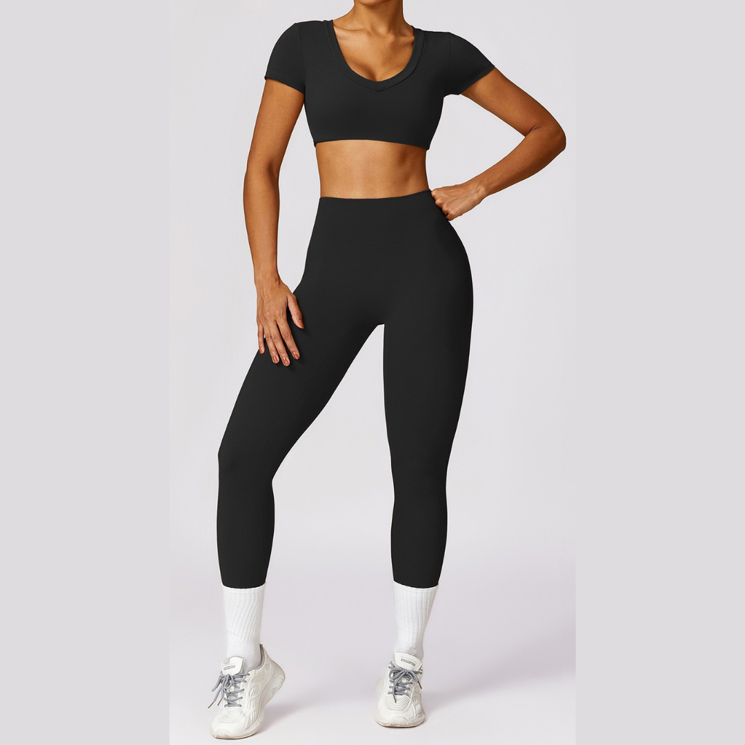 Short Sleeve Premium Scrunched Legging Set - Black