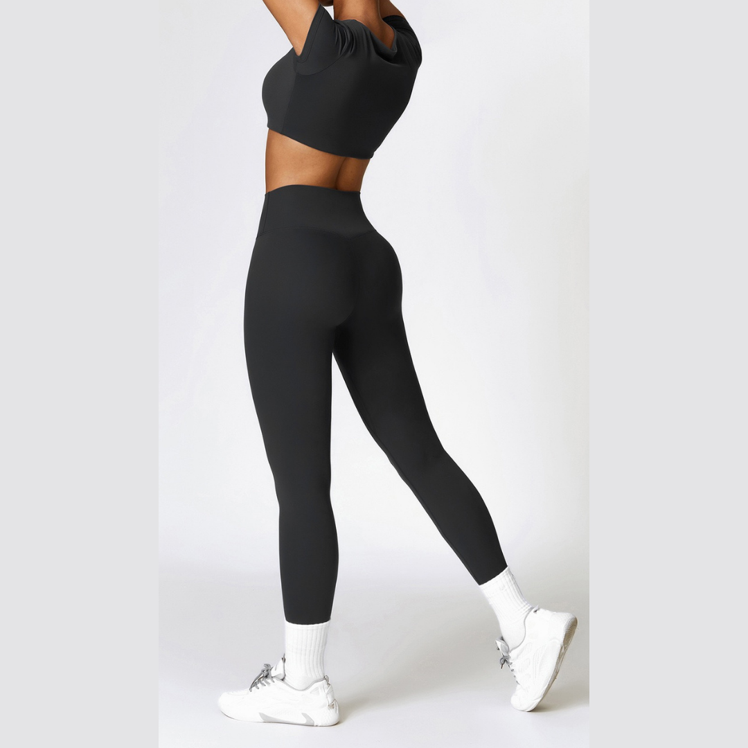 Comfy Short Sleeve Crop Top Legging Set - Black