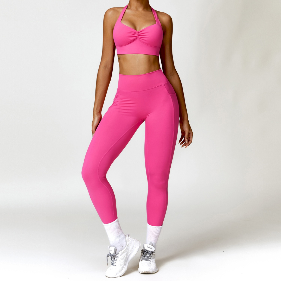 Backless Stylish Top V-Shape Legging Set - Pink