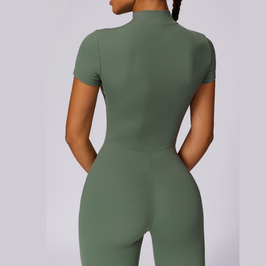 Classic Short-Sleeve Zipped Jumpsuit - Dark Green