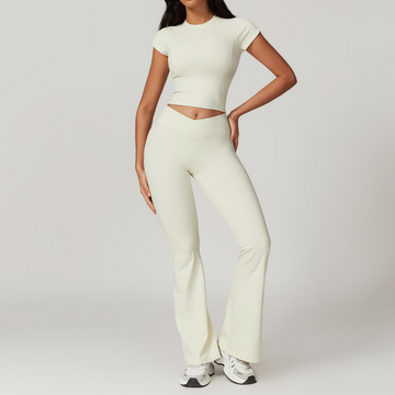 Sustainable Short Sleeve Flared Legging Set - Cream White