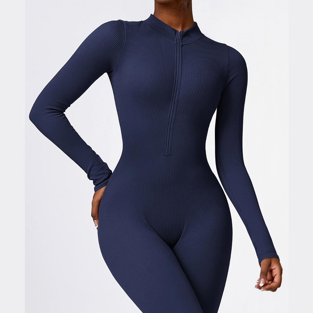 Zipped Long-sleeve Knit Jumpsuit - Navy Blue