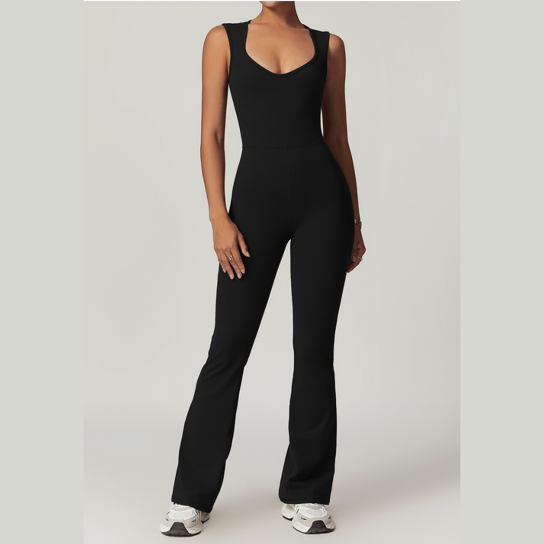 CATHY V-Shape Top Flared Bottom Jumpsuit - Black